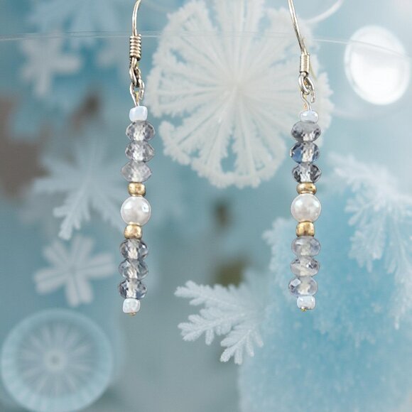 Dainty Labradorite & Pearl Earrings • Sterling Silver • Gold-Tone Accents - Picture 8 of 12